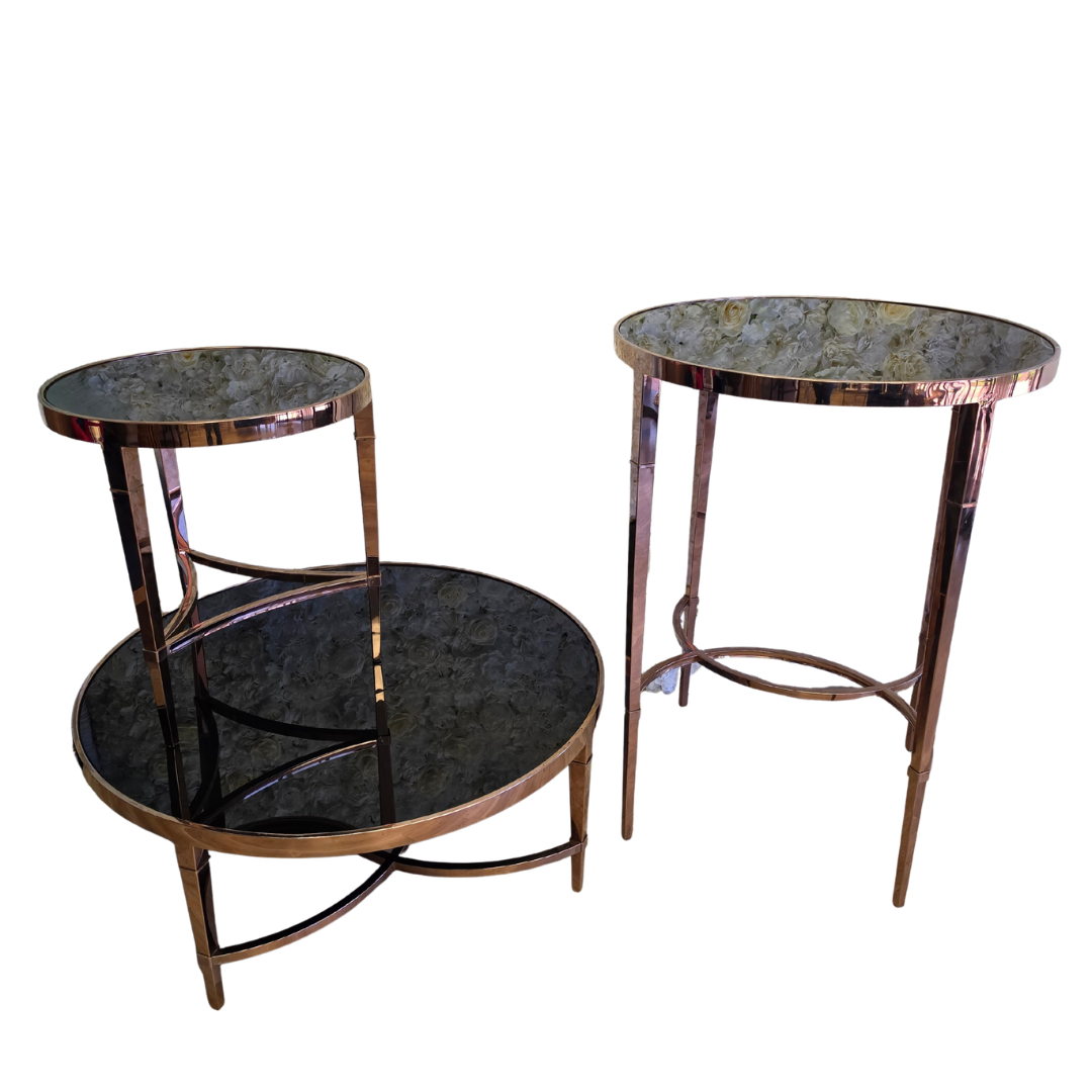 rose gold cocktail table, rose gold end table, rose gold coffee table